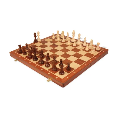 Klappschachspiel aus Mahagoni und Ahorn mit Staunton-Figuren