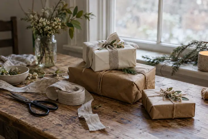 Gifts wrapped in kraft and cream paper with twine on a wooden table by a window.