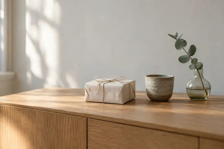 One small gift in plain paper and string on a bare oak sideboard, next to a ceramic cup and a eucalyptus sprig.