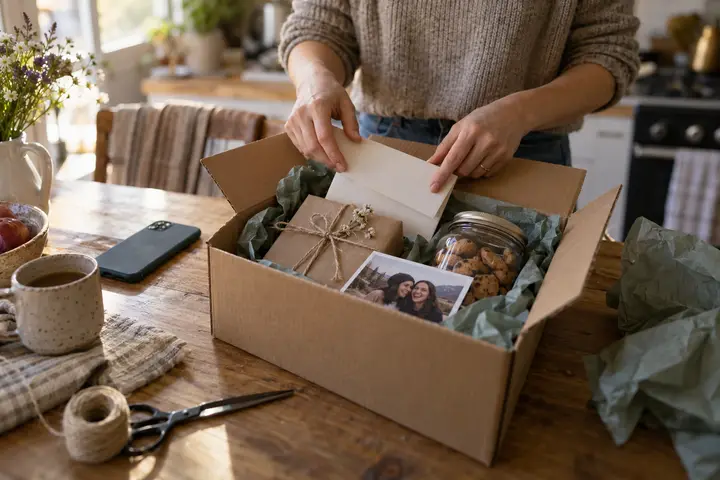 Hands tucking a letter into a care package with a wrapped gift, a jar of cookies and a photo of two friends.