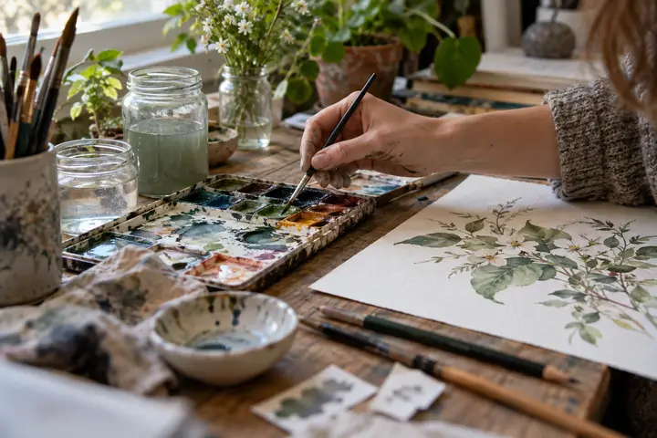 A hand painting a botanical watercolor beside a well-used paint palette and brushes.