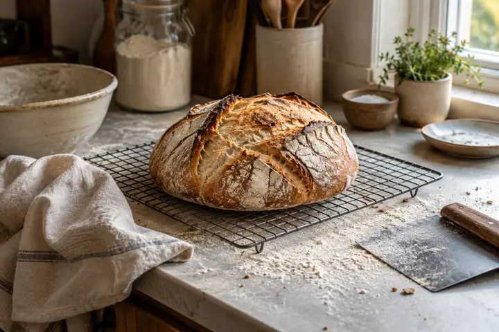 A crusty sourdough loaf cooling on a wire rack on a floured counter.