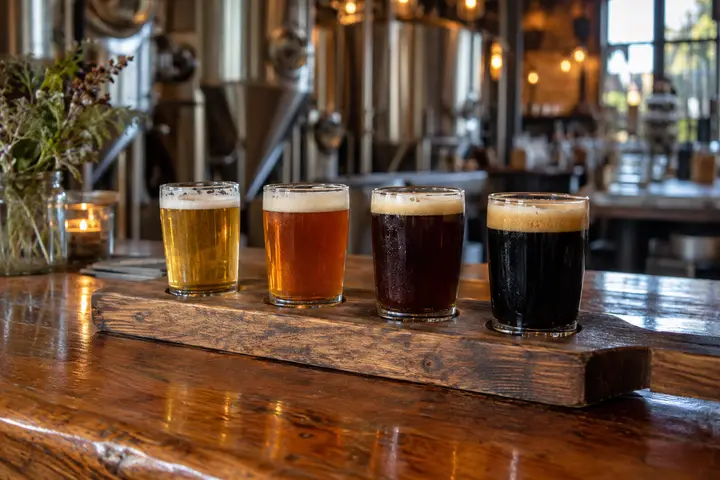 A flight of four craft beers from pale to stout on a wooden paddle at a brewery bar.