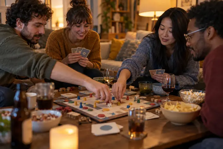 Friends reaching across a table mid-game with dice, cards and wooden pieces.
