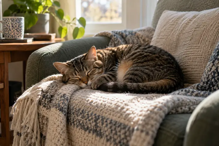 A tabby cat asleep on a knitted blanket on a sunlit sofa.
