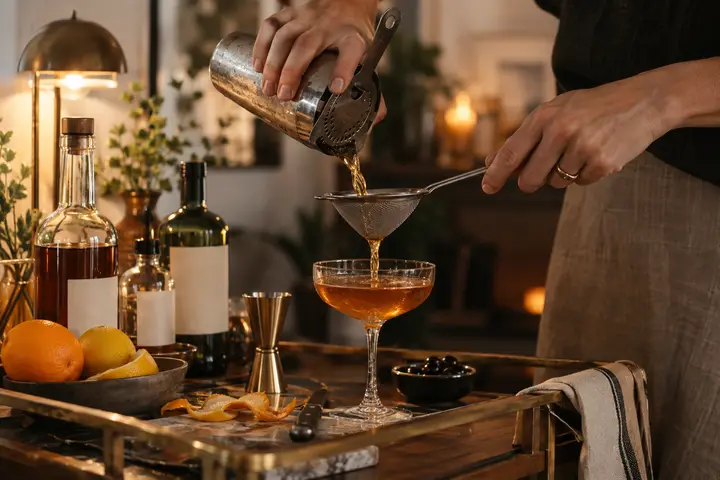 Hands straining a shaken cocktail into a coupe glass at a home bar.