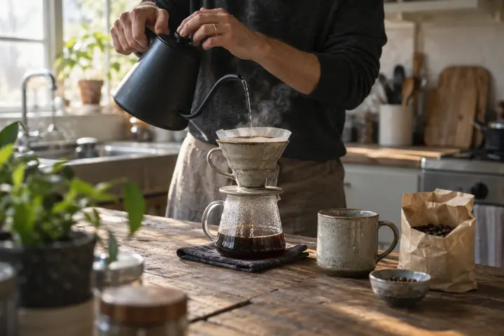 Hands pouring water from a gooseneck kettle into a pour-over coffee dripper.