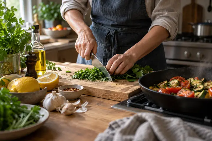 A home cook chopping herbs beside a pan of vegetables.