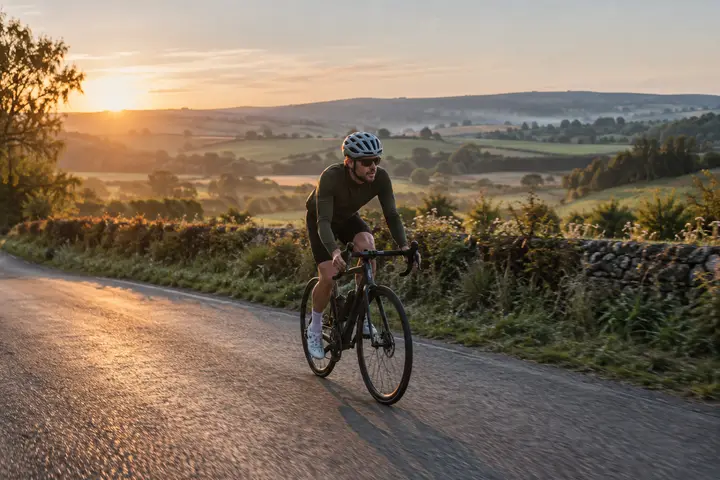 A cyclist riding a road bike along a quiet country road in morning light.