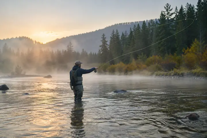 A person fly fishing in a misty river at dawn.