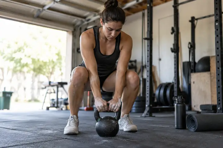 A person gripping a kettlebell in a home gym.