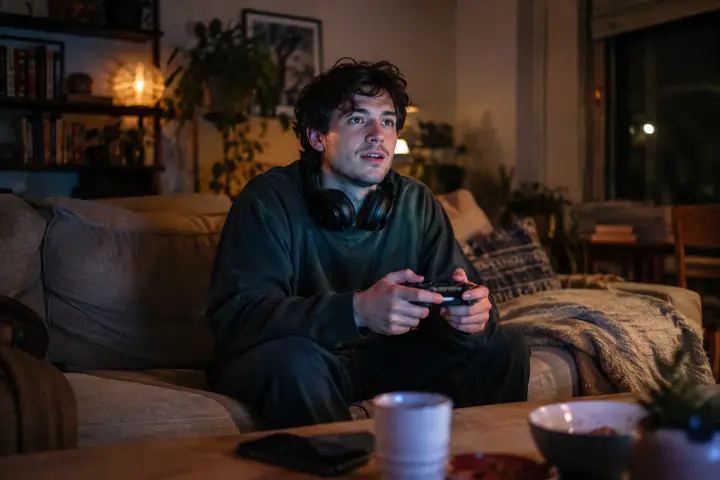 A person relaxing on a couch with a game controller in the evening.