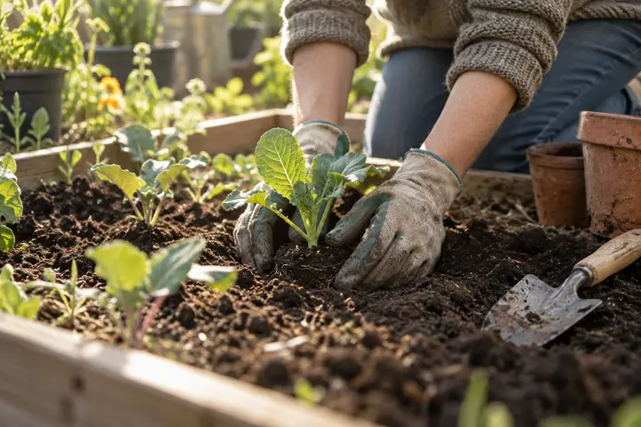Gloved hands planting a seedling in a raised vegetable bed.