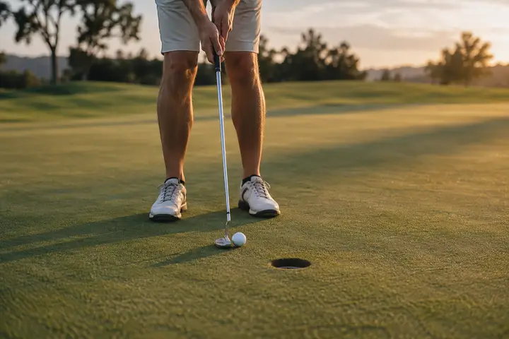 A golfer lining up a putt on a green in evening light.