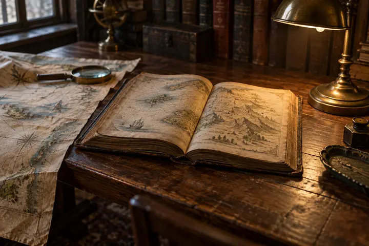 An old book open beside an antique map and a magnifying glass.