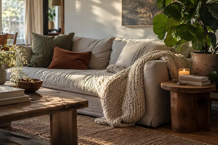 A cozy living room corner with a sofa, knit throw, books and a lit candle.