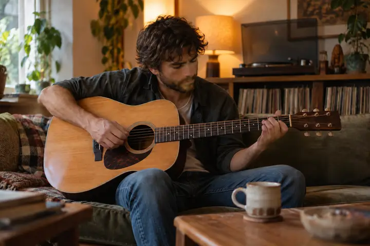Hands playing an acoustic guitar at home with a record player behind.