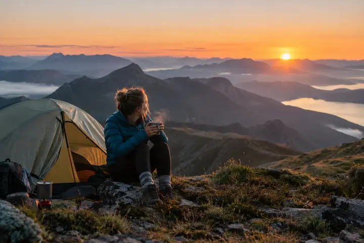 A person with a hot drink outside a tent on a mountain ridge at sunrise.