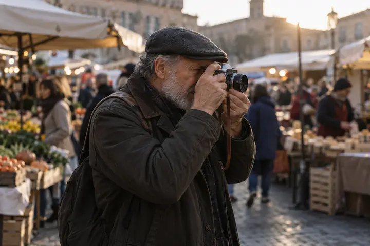 An older man raising a film camera to his eye at an outdoor market.