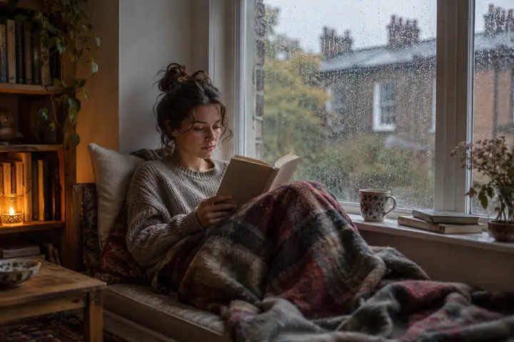 A person reading in a window seat with a cup of tea on a rainy day.
