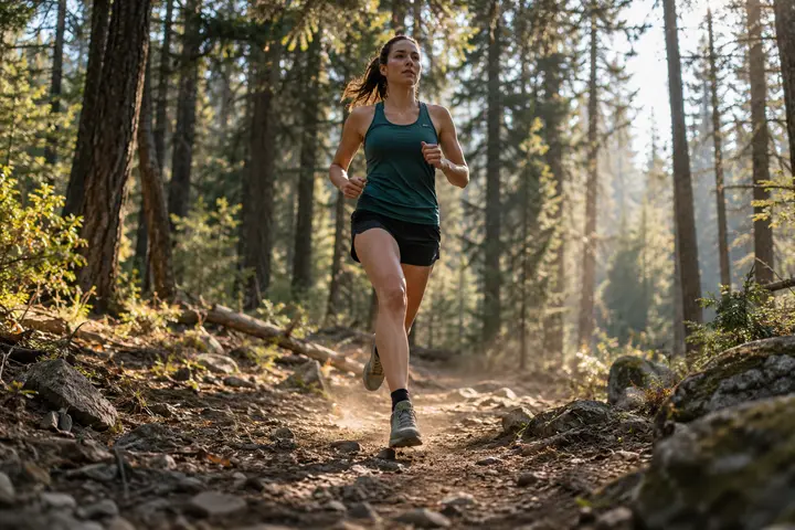 A runner on a sunlit forest trail.