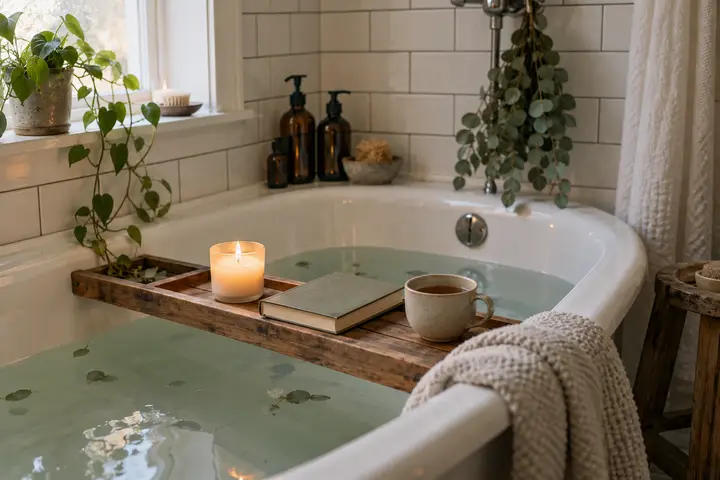 A bath tray with a candle, a book and a cup of tea.