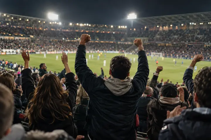 Fans cheering in a stadium during a floodlit night game.