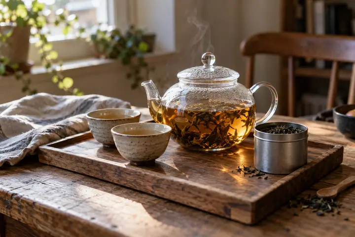 Loose-leaf tea steeping in a glass teapot with two small cups.