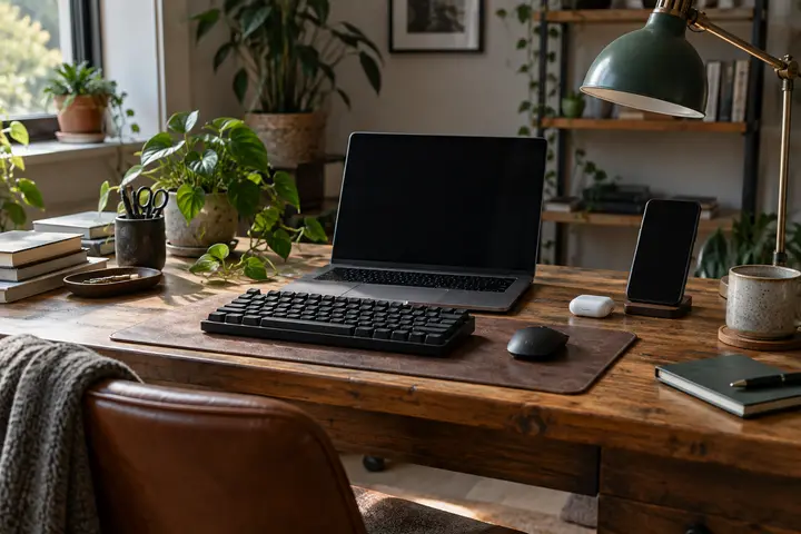 A tidy desk with a laptop, keyboard, earbuds and a phone on a stand.