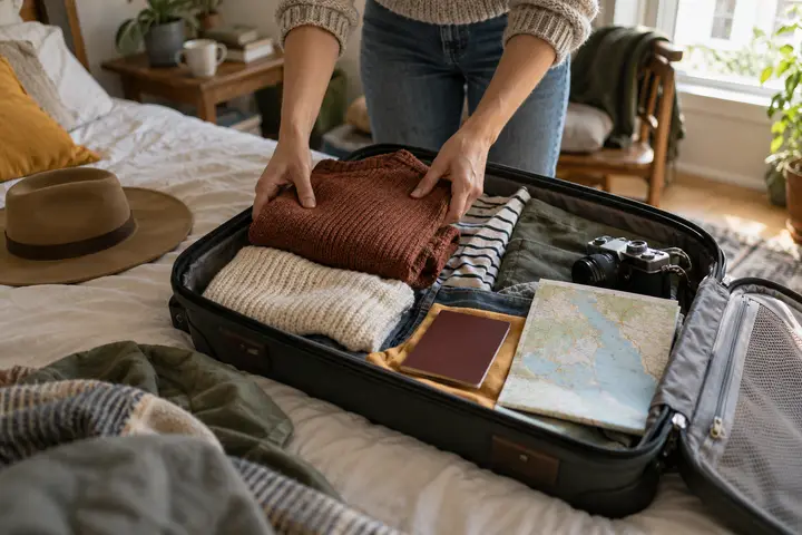 Hands packing a suitcase with clothes, a passport, a camera and a map.