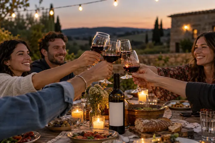 Friends raising glasses of red wine at an outdoor dinner table at dusk.