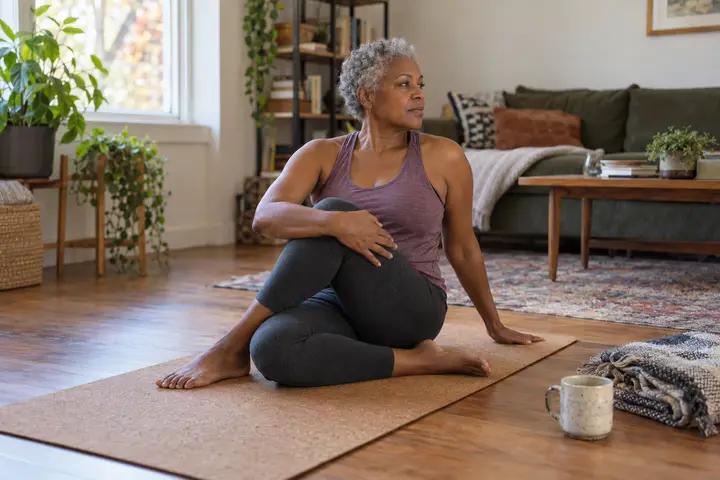 A woman in a seated yoga twist on a mat in a bright living room.