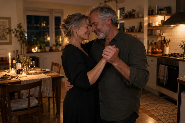 An older couple slow-dancing in their kitchen beside a candlelit table.