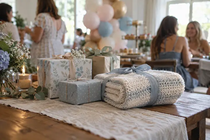 Wrapped gifts and a knitted baby blanket at a baby shower.