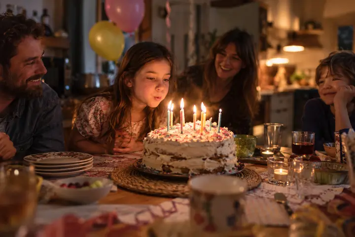 A girl blowing out the candles on a homemade birthday cake with her family.