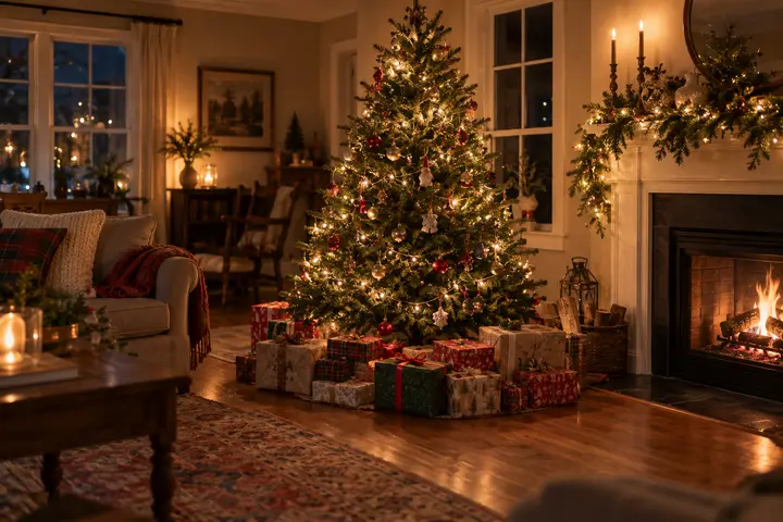 A decorated Christmas tree with presents underneath in a living room at night.