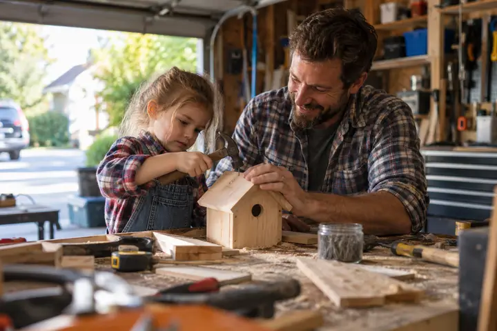 A dad and his daughter building a birdhouse at a garage workbench.