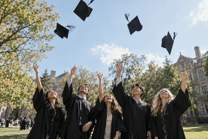 Graduates throwing their caps into the air on a sunny lawn.