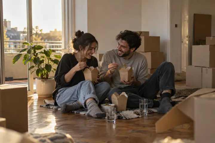A couple sharing a meal on the floor of their new home among moving boxes.