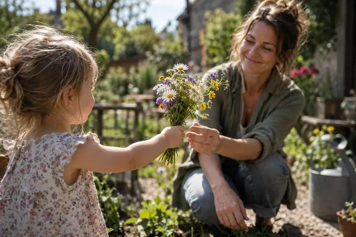A child giving their mother a small bouquet of wildflowers.