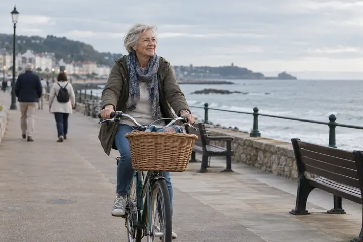 A retired woman riding a bicycle with a wicker basket along a seaside path.