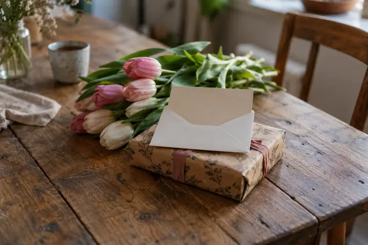A thank-you card on a small wrapped gift beside a bunch of tulips.