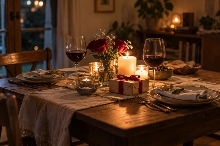 A candlelit dinner table for two with red roses and a small gift.