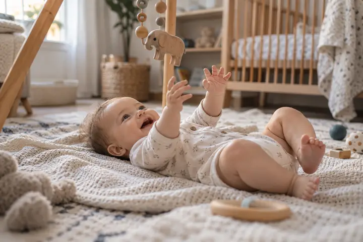 A smiling baby reaching for a wooden toy on a knitted blanket.