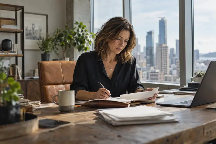 A woman reviewing notes at a modern office desk.