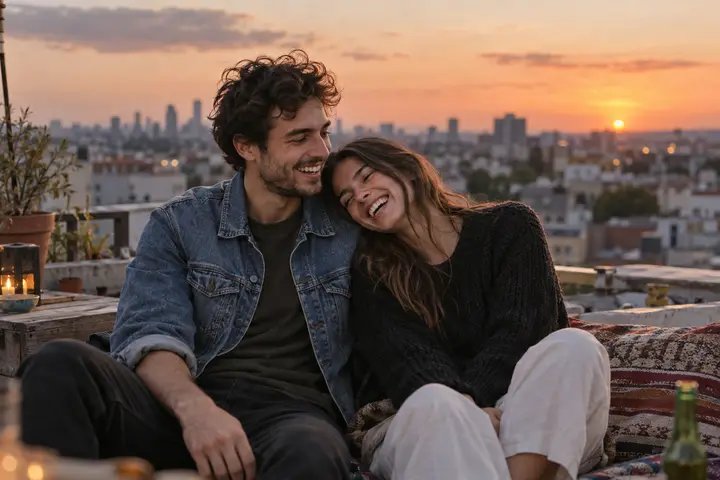 A young couple laughing together on a rooftop at sunset.