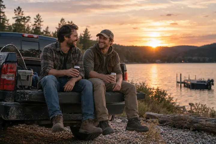 Two brothers laughing on the tailgate of a truck by a lake.