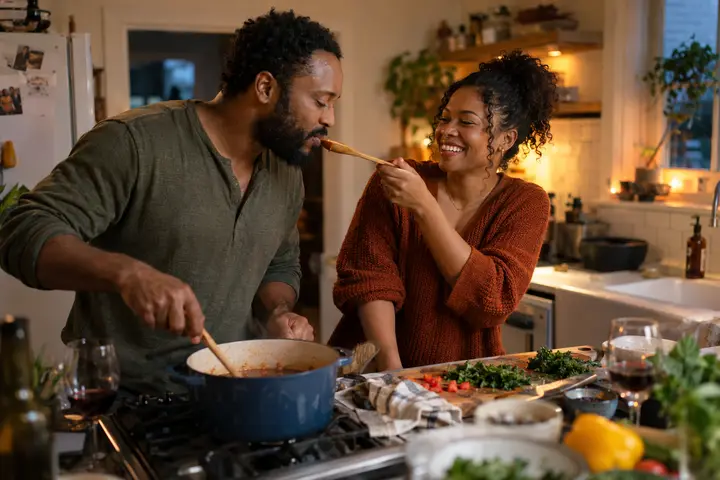 A couple laughing while cooking dinner together in their kitchen.