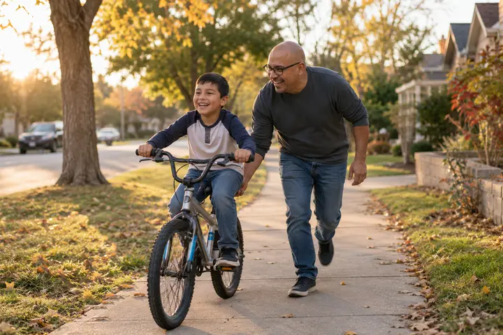 A dad running alongside his son as he learns to ride a bike.
