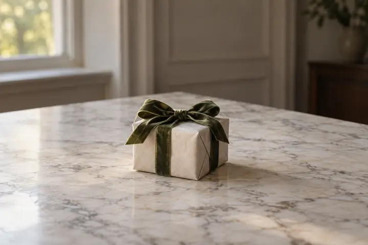 A single wrapped gift box with a velvet ribbon on a marble table.